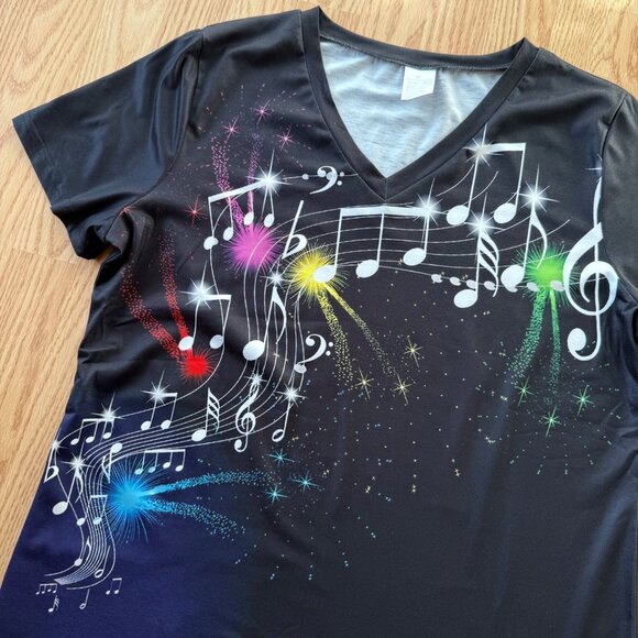 Music Note Graphic Top Size XL Black Short Sleeve Performance Tee V Neck - Picture 8 of 9